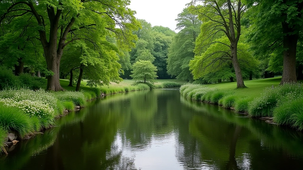 River flowing through lush green landscape