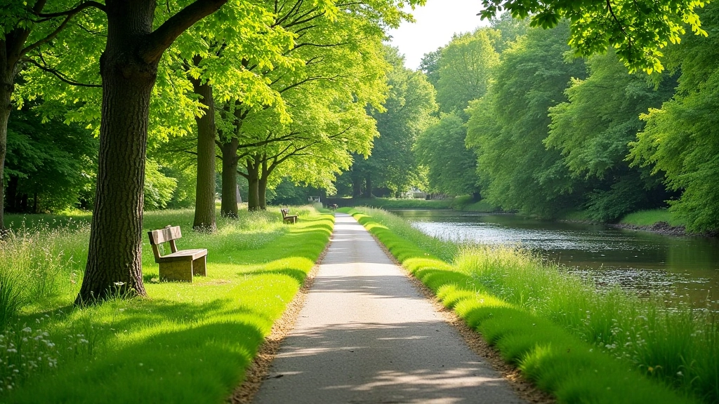River Camcor flowing through woodland with walking path