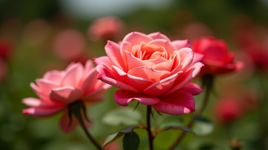 Close-up of heritage rose varieties blooming in traditional garden bed, fragrant pink and red flowers