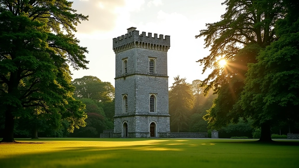 Stone folly tower visible through estate demesne grounds