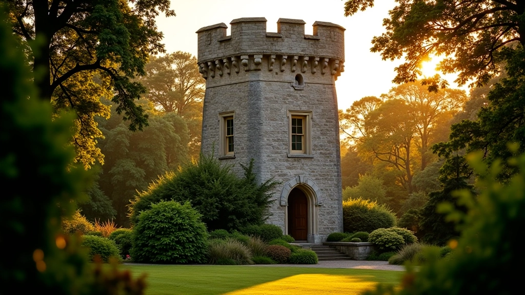 Historic telescope tower and stone structures at Birr Castle estate with mature trees