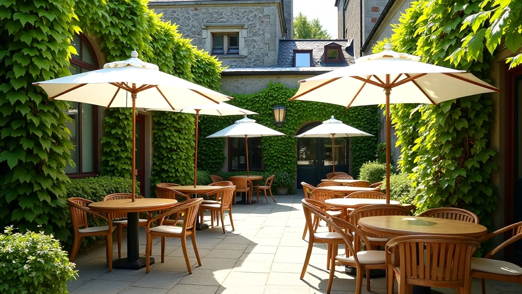 Outdoor café seating area with umbrellas and tables in garden courtyard setting