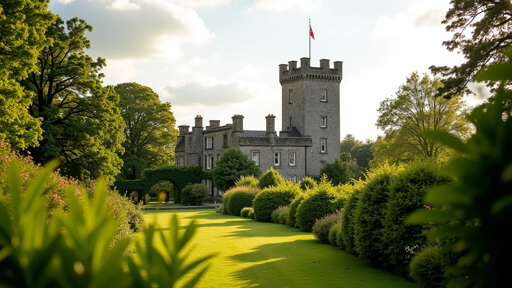 The distinctive folly tower at Birr Castle visible above the surrounding gardens and landscape
