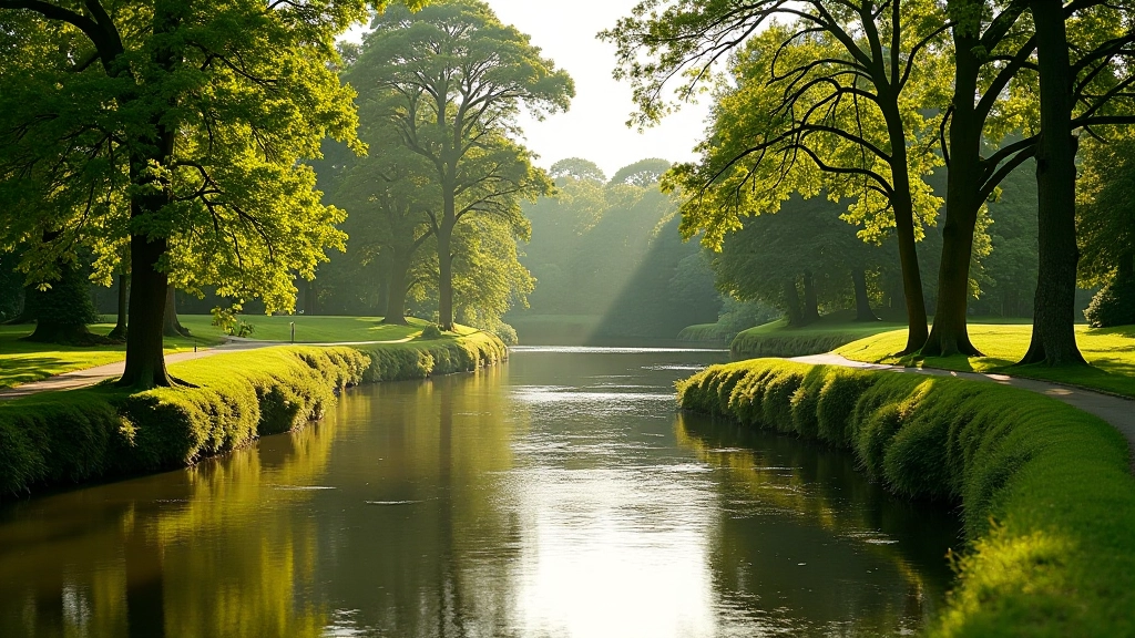 Scenic river view with mature trees and walking path at Birr Castle estate