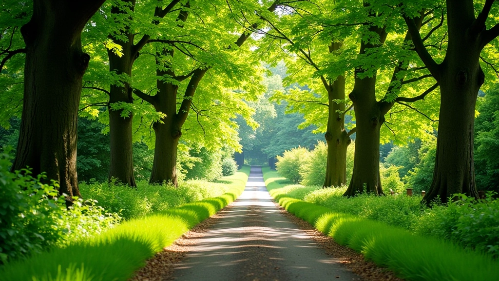 Peaceful walking path through wooded demesne with mature trees creating natural canopy, sunlight filtering through leaves