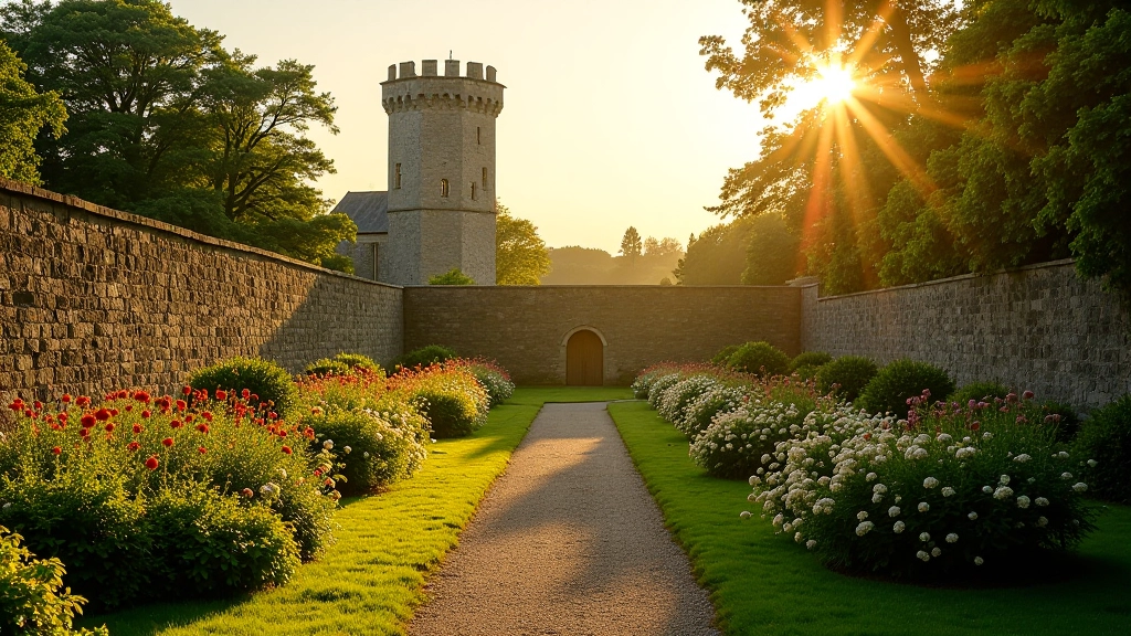 Birr Castle walled gardens with historic stone walls and flowering pathways in Offaly