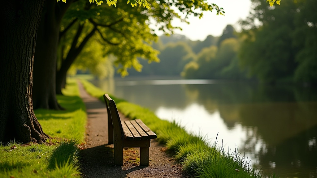 Peaceful river rest area with wooden bench overlooking water and trees