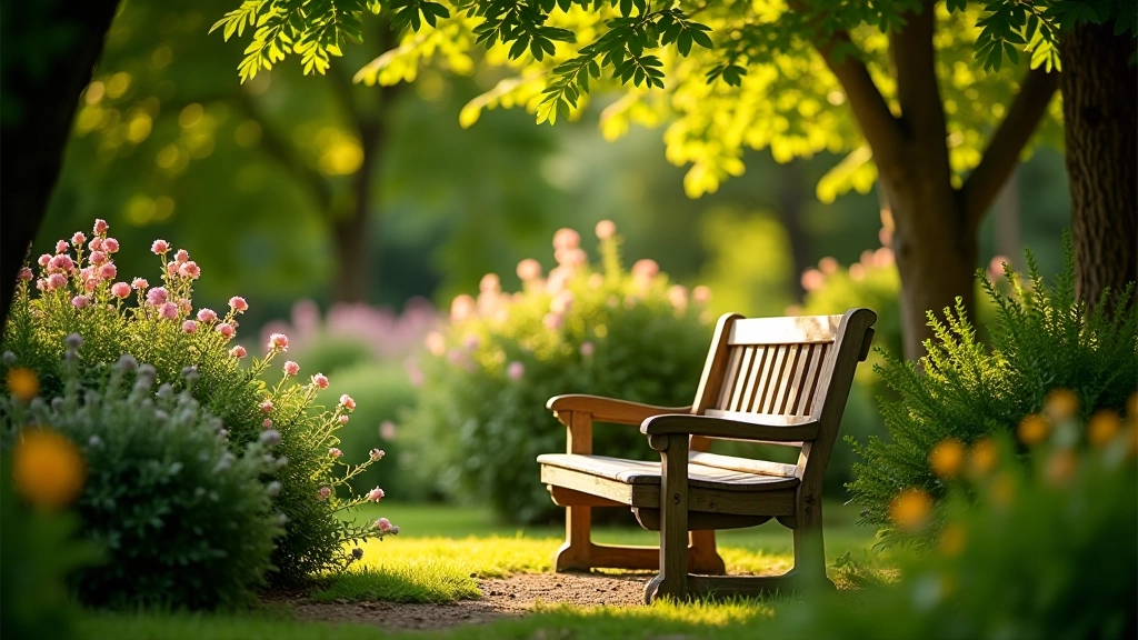 Wooden bench with armrests positioned among flowering plants in the walled gardens at Birr Castle